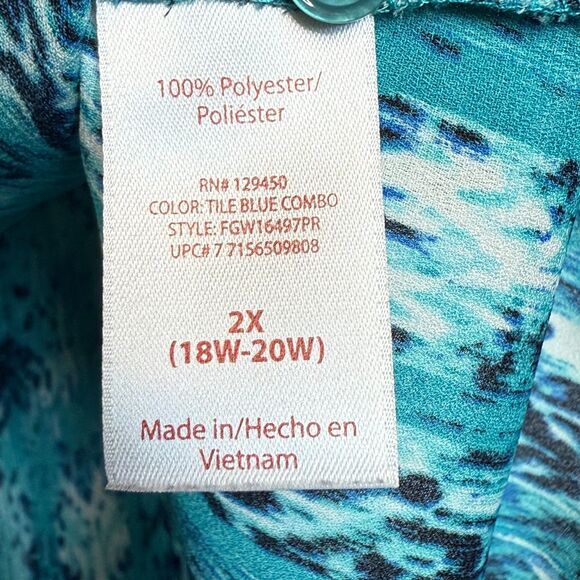 Faded Glory Blue Green Lightweight 3/4 Tab Sleeve Pullover Womens Plus 2X Blouse - Picture 7 of 16